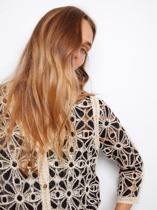 Charlie B 3/4 Sleeve Crochet V-Neck Cardigan - Black