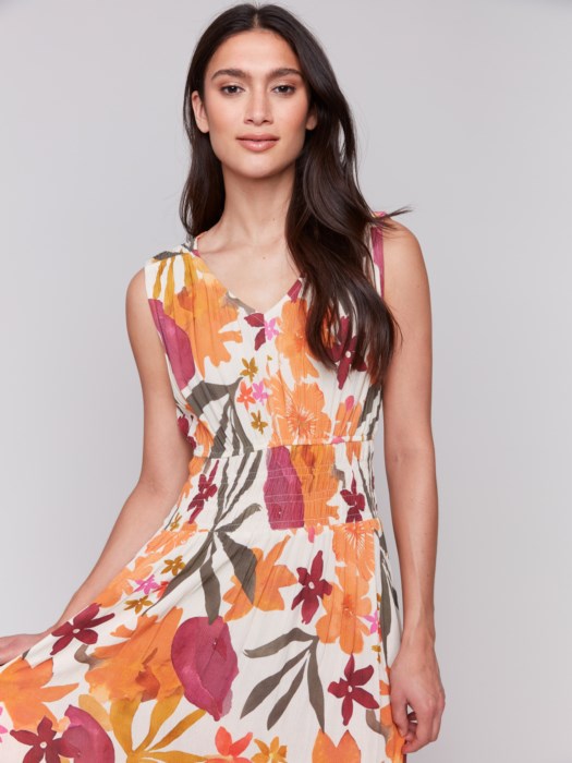 Charlie B Printed Sleeveless V Neck Dress With Ruching At Empire Waist - Bouquet