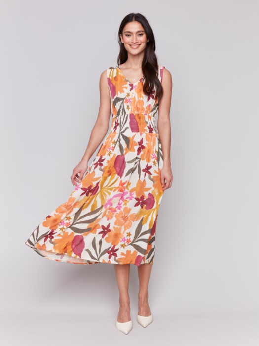 Charlie B Printed Sleeveless V Neck Dress With Ruching At Empire Waist - Bouquet