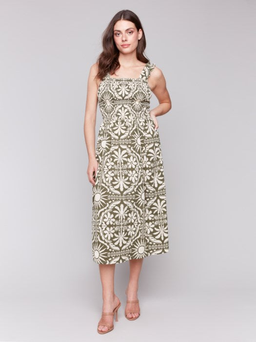 Charlie B Printed Midi Length Sleeveless dress With Shirring Detail - Celadon