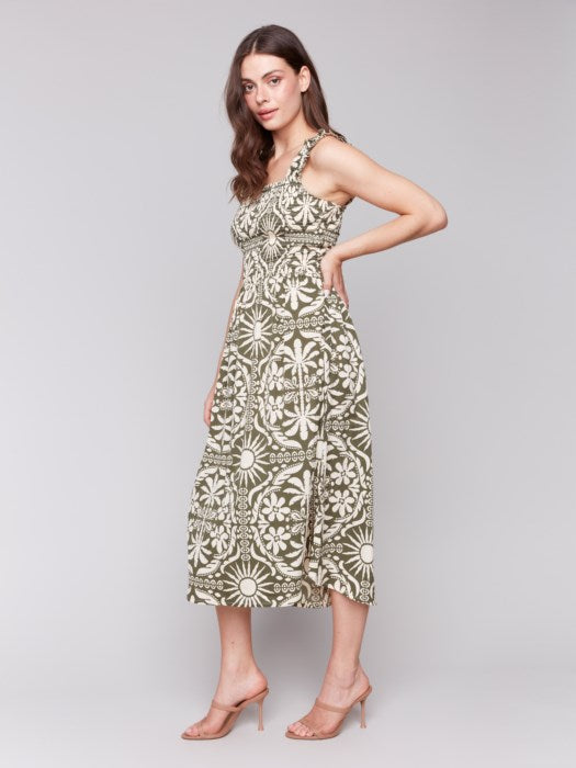 Charlie B Printed Midi Length Sleeveless dress With Shirring Detail - Celadon