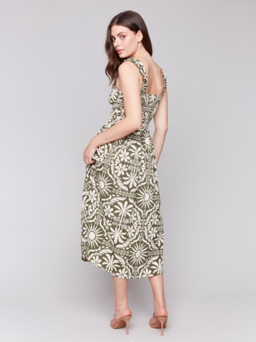 Charlie B Printed Midi Length Sleeveless dress With Shirring Detail - Celadon