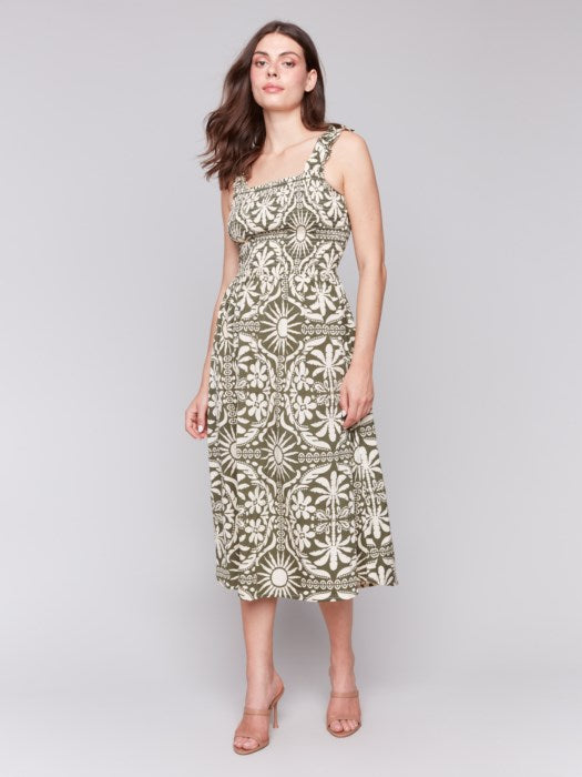 Charlie B Printed Midi Length Sleeveless dress With Shirring Detail - Celadon