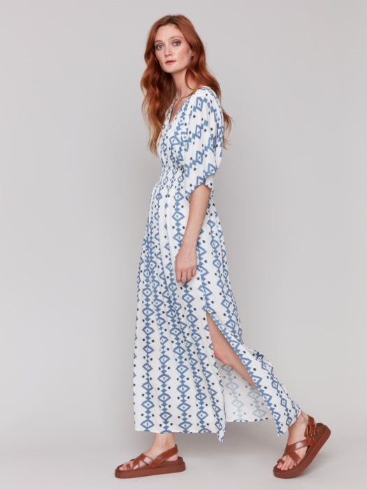 Charlie B Printed Dolman Sleeve Maxi Dress with Side Slits