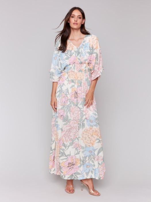 Charlie B Printed Dolman Short Sleeves Maxi Dress With Side Slits - Dahlia