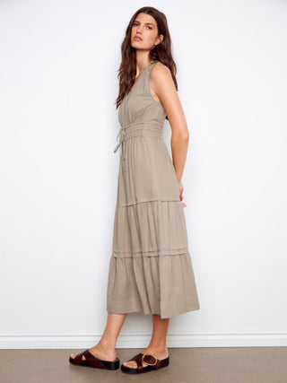 Charlie B V-Neck Tiered Linen Maxi Dress - Sage