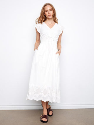 Charlie B V-Neck Elastic Waist Dress & Ruffle Cap Sleeve White