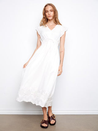 Charlie B V-Neck Elastic Waist Dress & Ruffle Cap Sleeve White