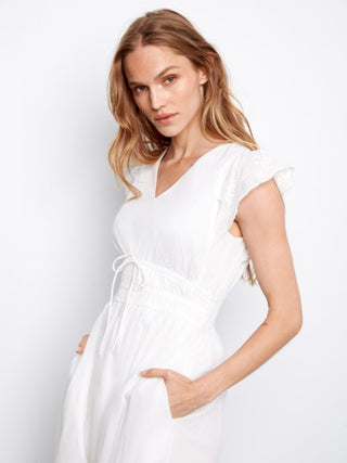Charlie B V-Neck Elastic Waist Dress & Ruffle Cap Sleeve White