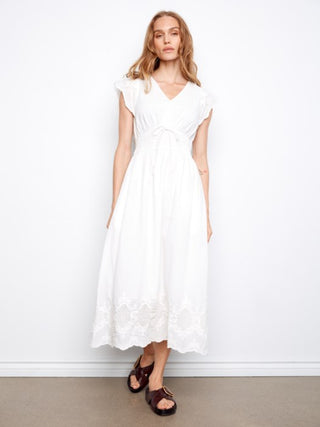 Charlie B V-Neck Elastic Waist Dress & Ruffle Cap Sleeve White