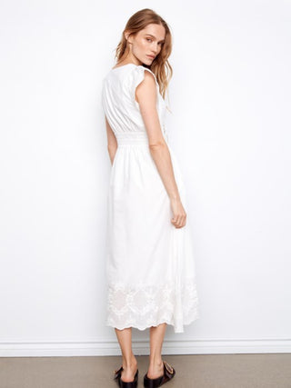 Charlie B V-Neck Elastic Waist Dress & Ruffle Cap Sleeve White