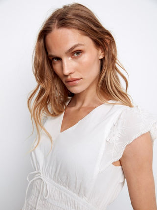 Charlie B V-Neck Elastic Waist Dress & Ruffle Cap Sleeve White