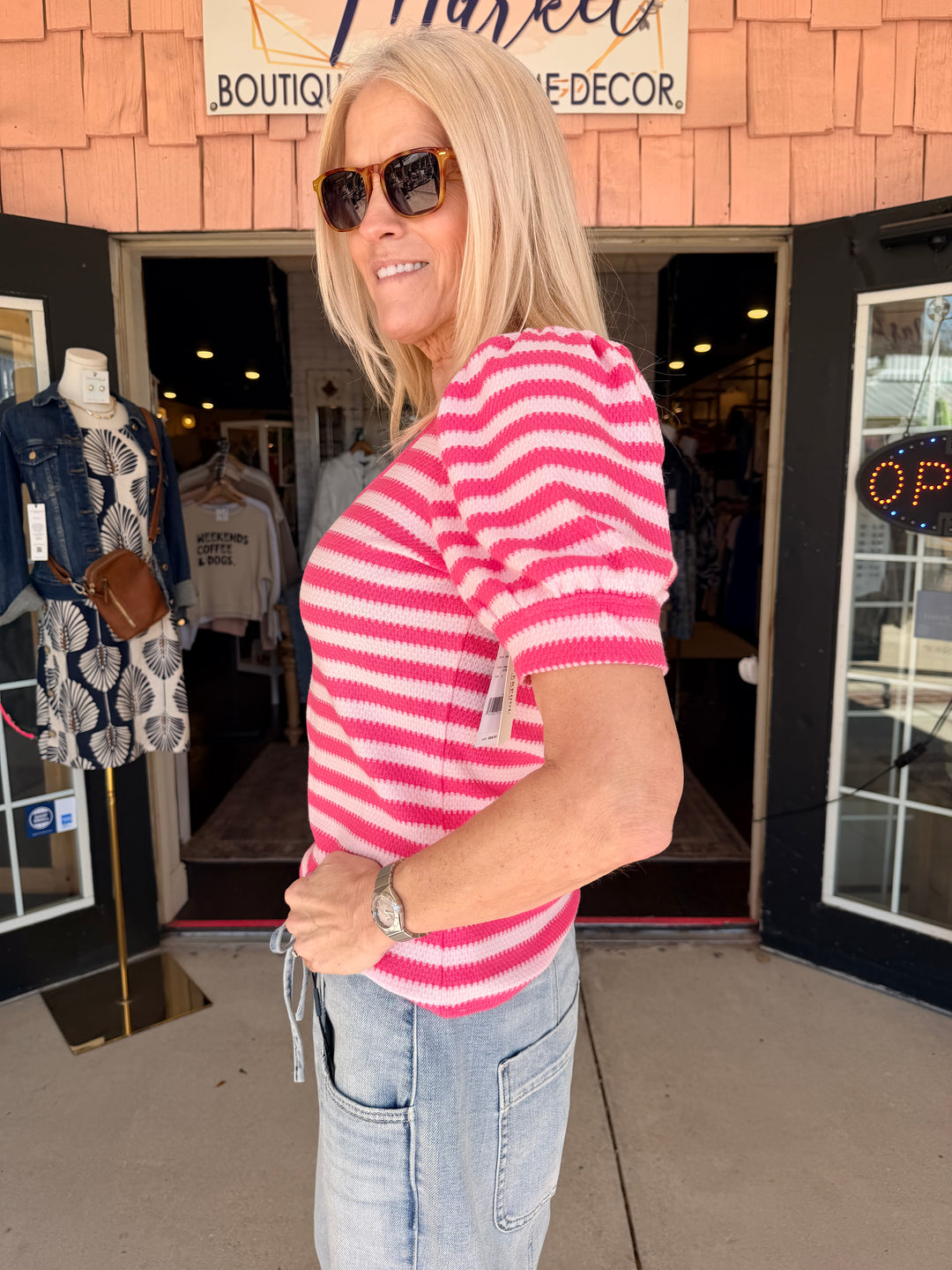 Liverpool Half Sleeve Scoop Neck Knit Top - Pink Multi Stripe
