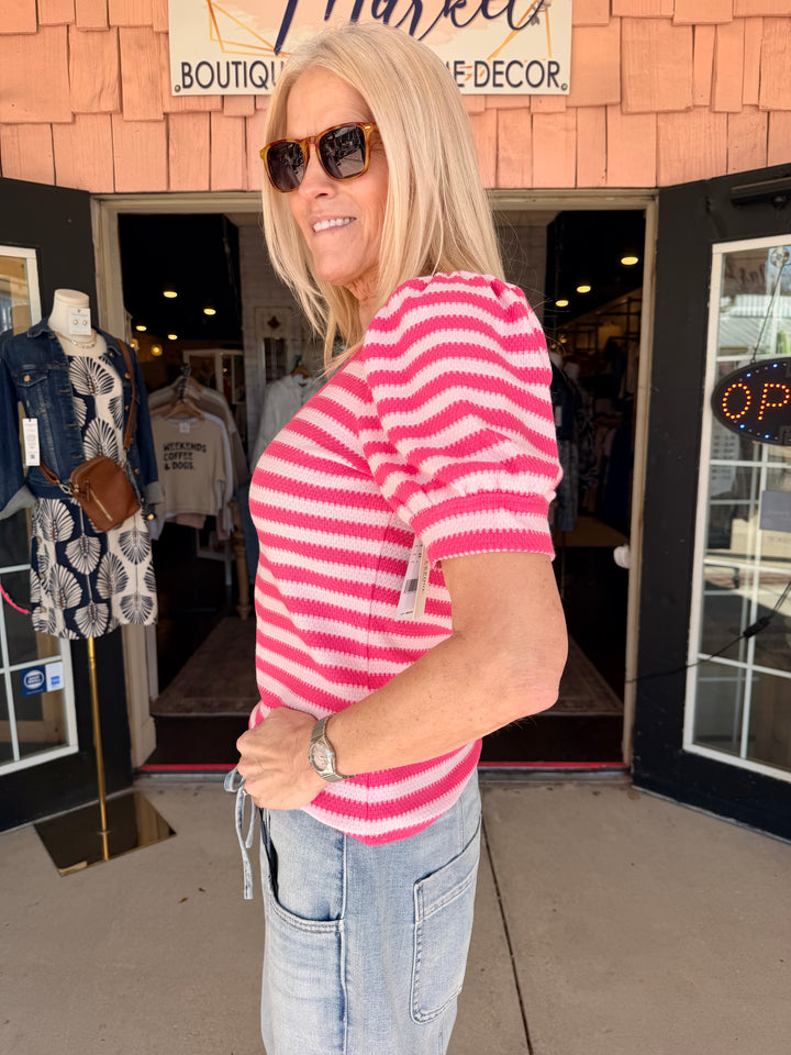 Liverpool Half Sleeve Scoop Neck Knit Top - Pink Multi Stripe