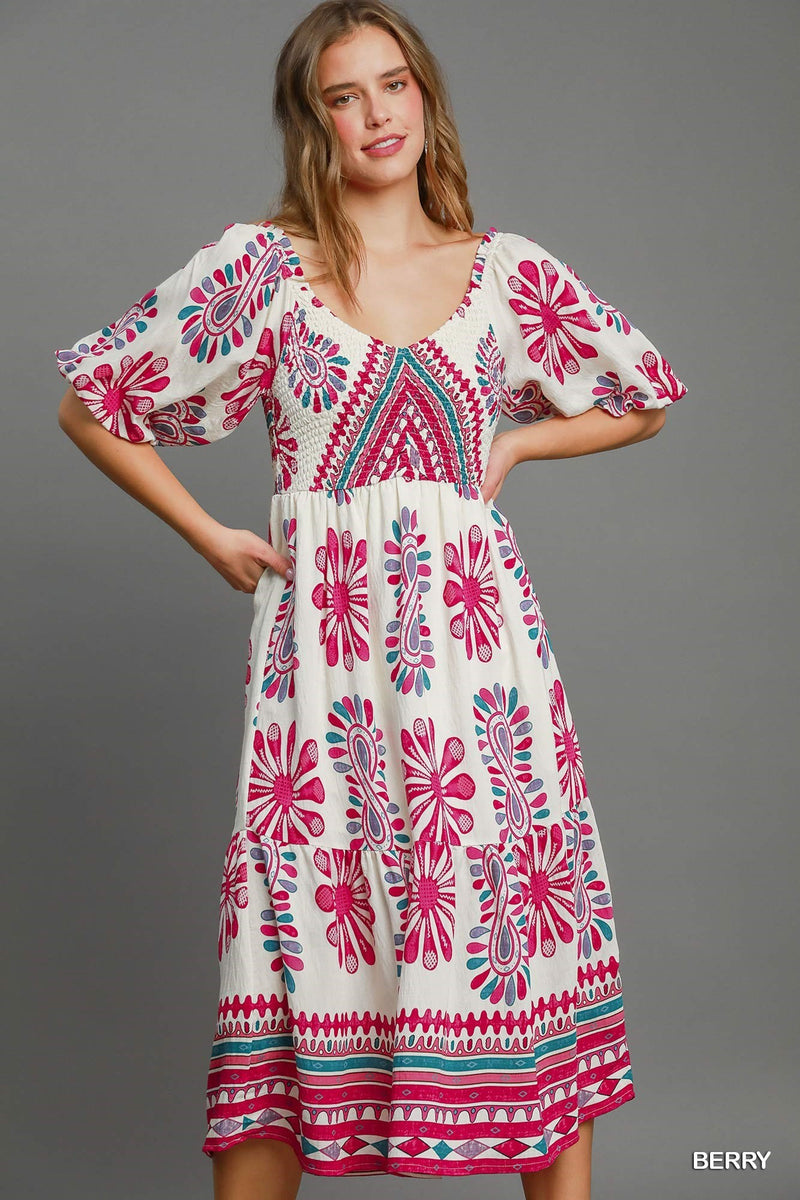 Border Printed Tiered Midi Dress - Berry