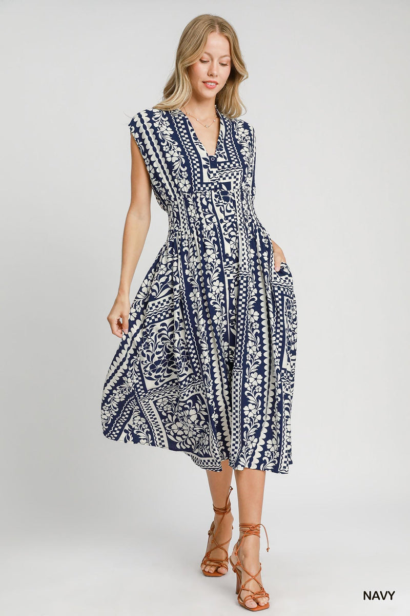 Mixed Print Sleeveless Dress - Navy