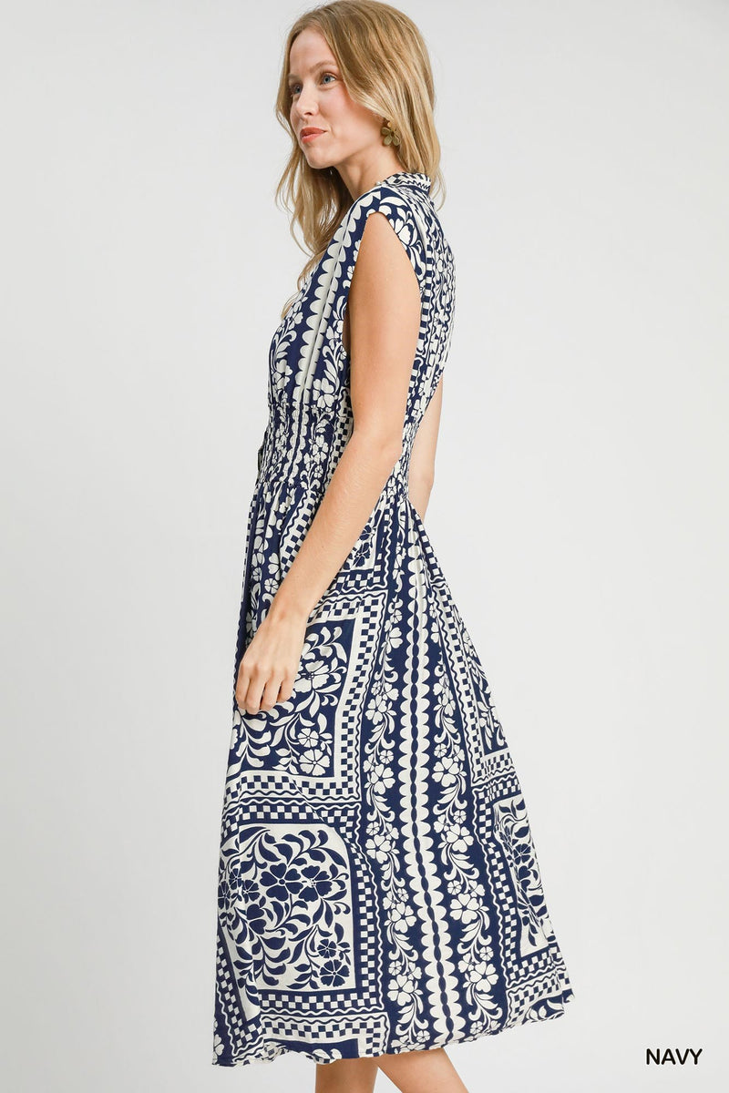 Mixed Print Sleeveless Dress - Navy