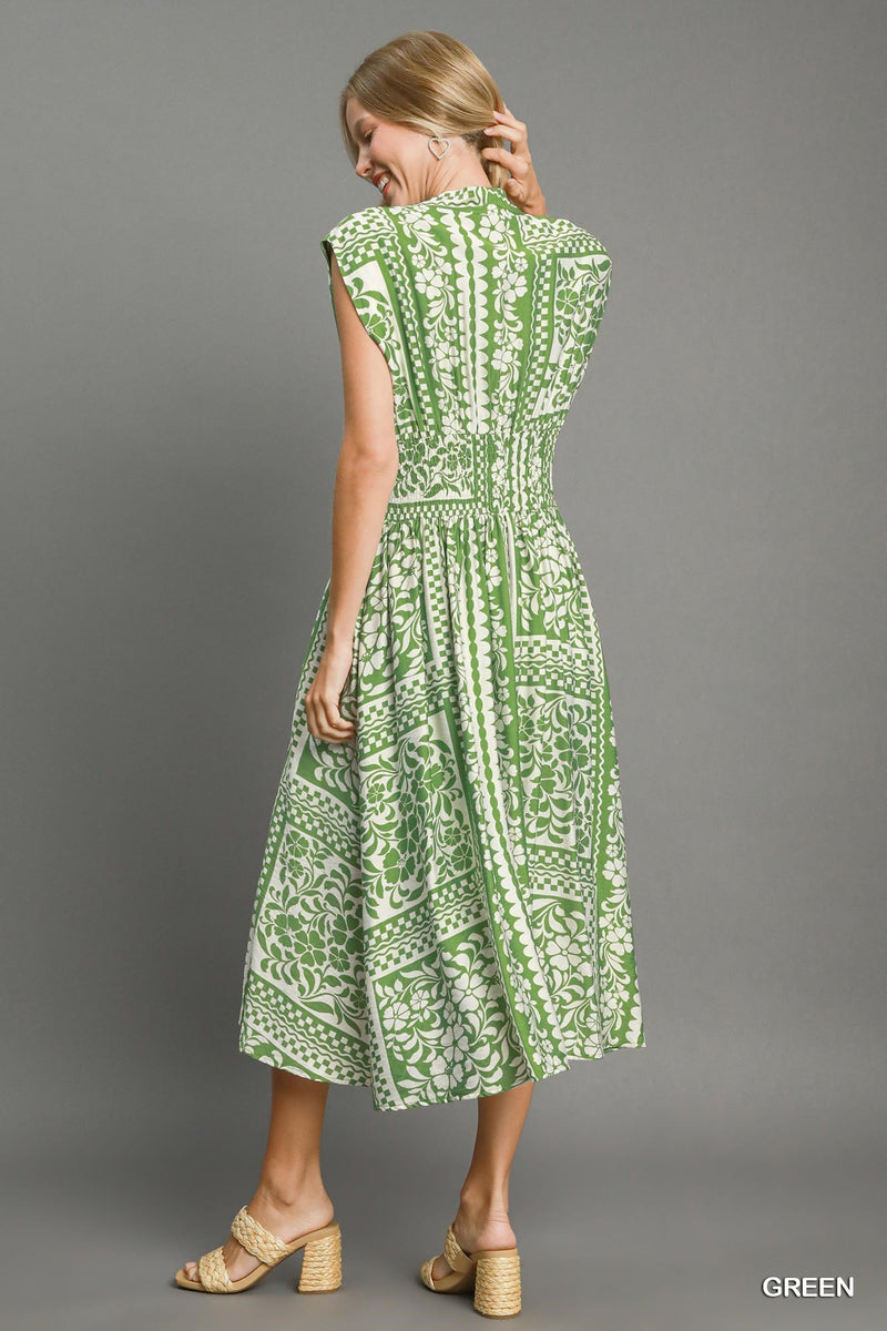 Mixed Print Sleeveless Dress - Green