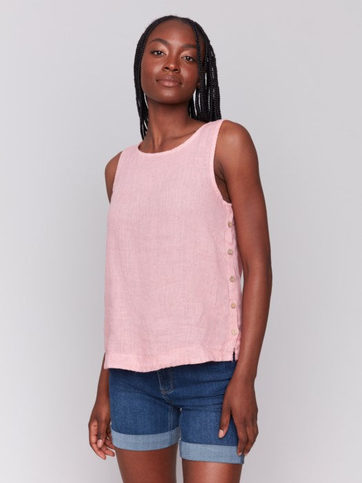 Charlie B Solid Linen Tank Top With Crew-Neck And Side Buttons - Guava