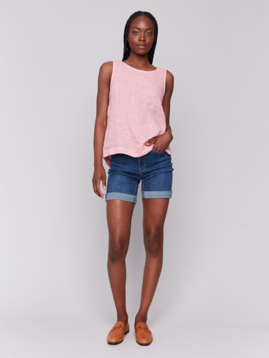 Charlie B Solid Linen Tank Top With Crew-Neck And Side Buttons - Guava