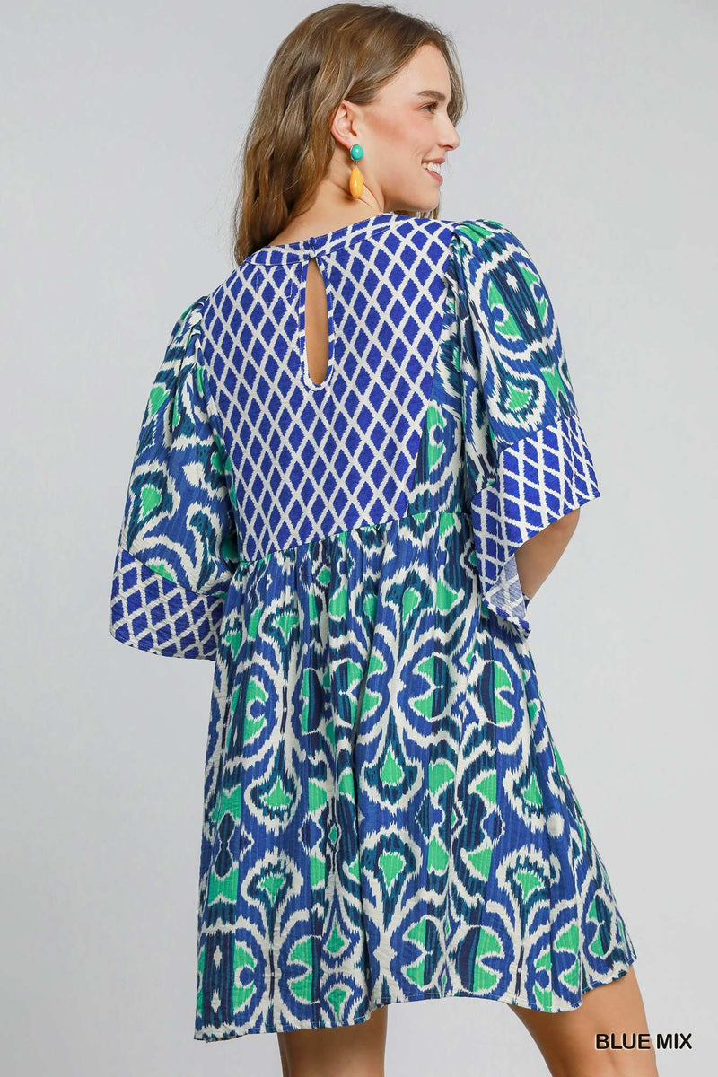 Embroidered Mini Dress - Blue Mix