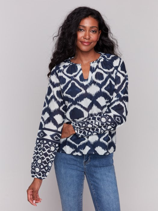 Charlie B Printed Cotton Long Sleeve Popover Blouse