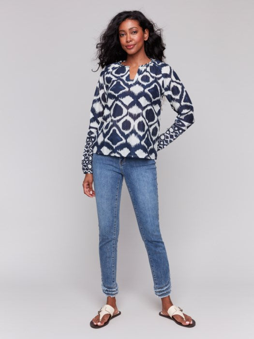 Charlie B Printed Cotton Long Sleeve Popover Blouse