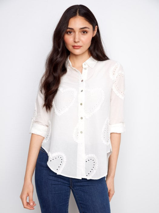 Charlie B Textured Fabric Long Roll Up Sleeve Button Down Blouse - White