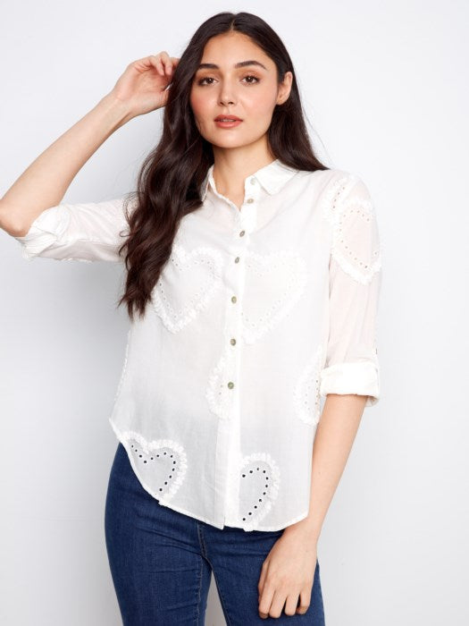 Charlie B Textured Fabric Long Roll Up Sleeve Button Down Blouse - White