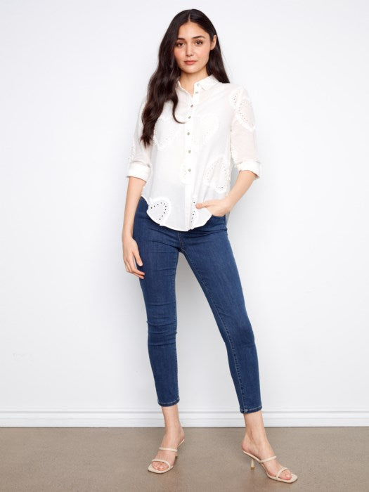 Charlie B Textured Fabric Long Roll Up Sleeve Button Down Blouse - White