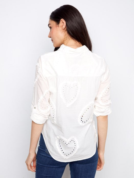 Charlie B Textured Fabric Long Roll Up Sleeve Button Down Blouse - White