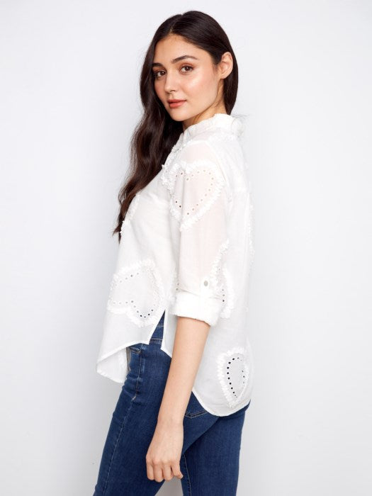 Charlie B Textured Fabric Long Roll Up Sleeve Button Down Blouse - White