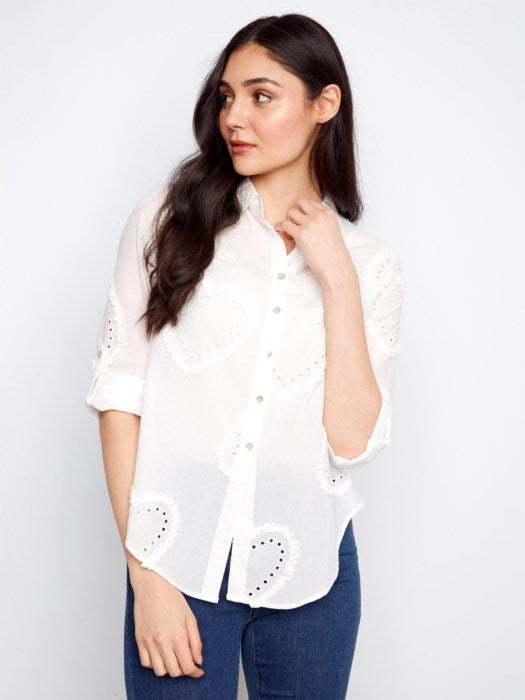 Charlie B Textured Fabric Long Roll Up Sleeve Button Down Blouse - White