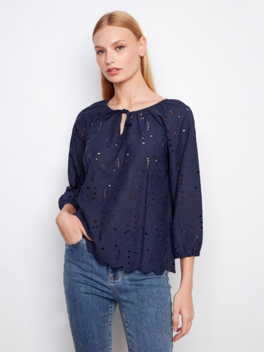 Charlie B 3/4 Raglan Sleeve Blouse With Ties At Notch Neckline - Navy