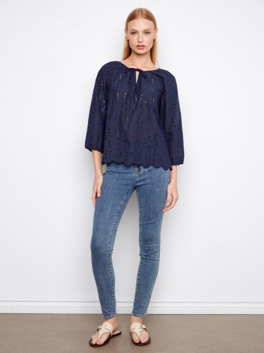 Charlie B 3/4 Raglan Sleeve Blouse With Ties At Notch Neckline - Navy