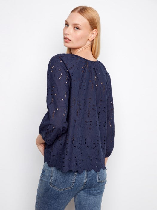 Charlie B 3/4 Raglan Sleeve Blouse With Ties At Notch Neckline - Navy