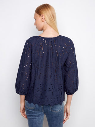 Charlie B 3/4 Raglan Sleeve Blouse With Ties At Notch Neckline - Navy