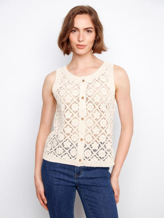 Charlie B Crochet Button Up Sleeveless Vest - Natural