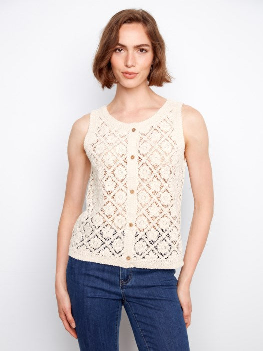 Charlie B Crochet Button Up Sleeveless Vest - Natural