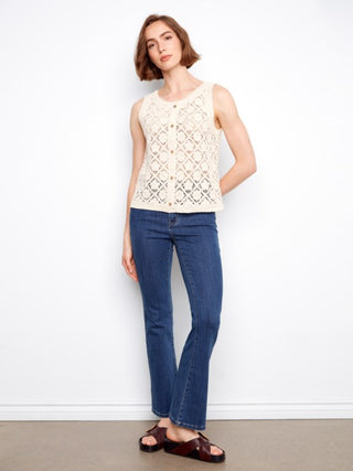 Charlie B Crochet Button Up Sleeveless Vest - Natural