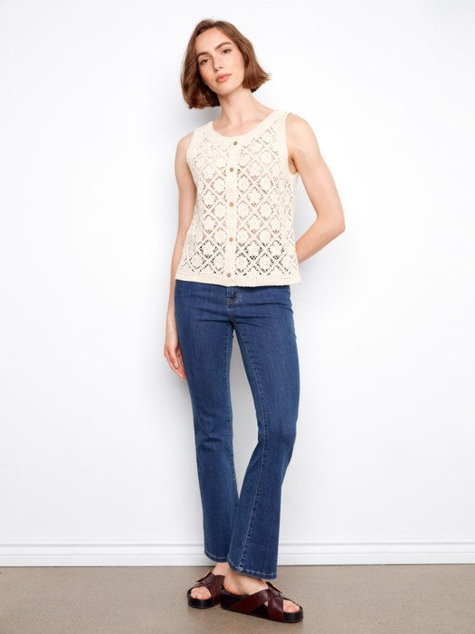 Charlie B Crochet Button Up Sleeveless Vest - Natural