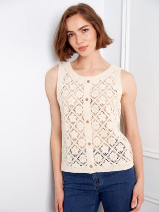 Charlie B Crochet Button Up Sleeveless Vest - Natural
