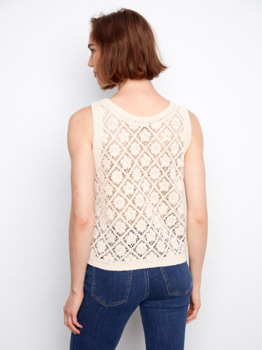 Charlie B Crochet Button Up Sleeveless Vest - Natural