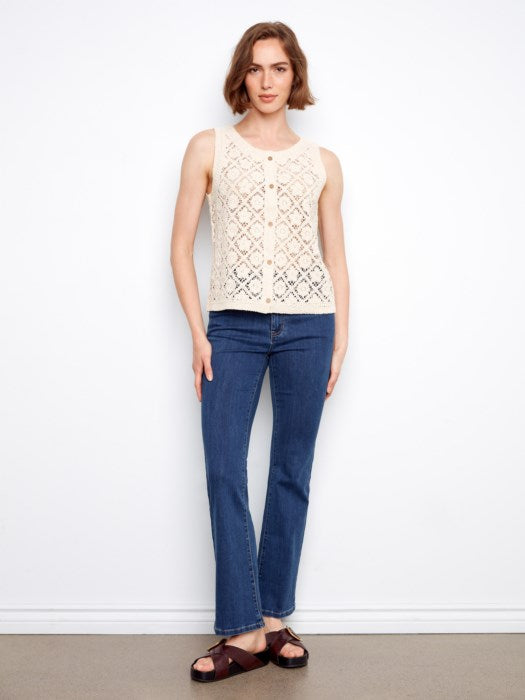 Charlie B Crochet Button Up Sleeveless Vest - Natural