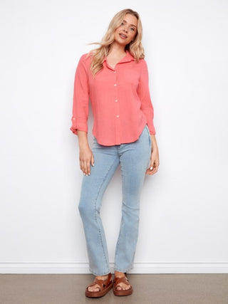 Charlie B Long Sleeve Shirt With Roll-Up Sleeves - Sorbet