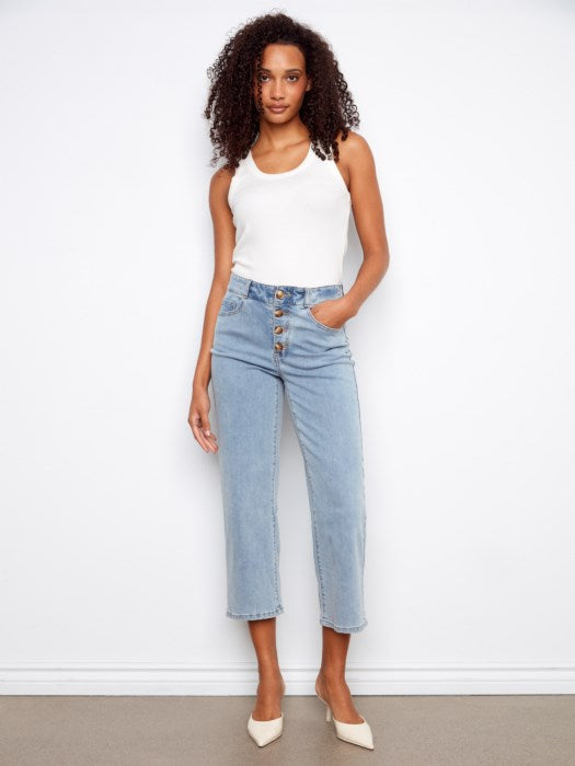 Charlie B Front Button-Fly Straight Crop Jeans