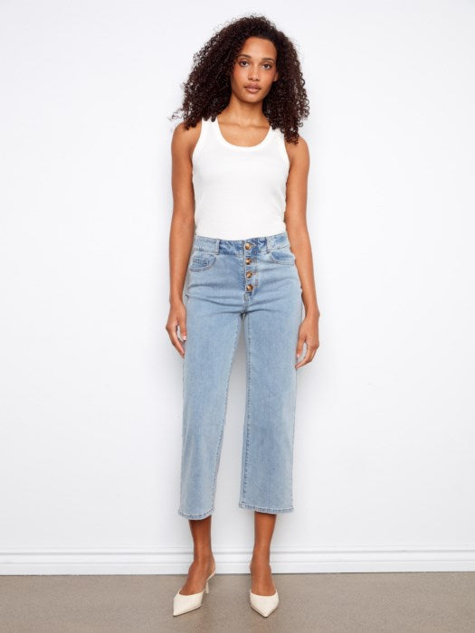 Charlie B Front Button-Fly Straight Crop Jeans