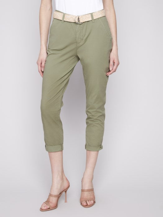 Charlie B Stretch Twill Slim Pant Leg With Belt - Celadon