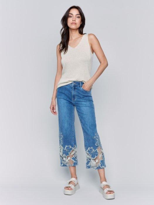 Charlie B Crop Flare Leg Jeans with Laser Cut Lace Hem