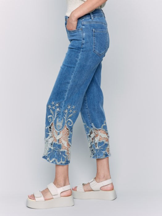 Charlie B Crop Flare Leg Jeans with Laser Cut Lace Hem